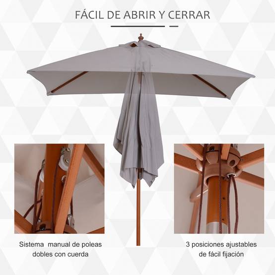 Parasol rectangulaire inclinable pour terrasse 200 x 150 x 235 cm avec mât en bois gris imperméable et anti-UV - Image 7