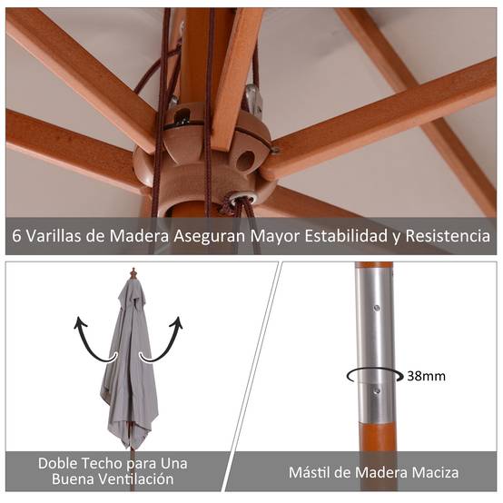 Parasol rectangulaire inclinable pour terrasse 200 x 150 x 235 cm avec mât en bois gris imperméable et anti-UV - Image 8