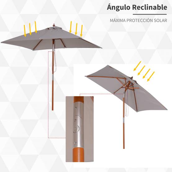 Parasol rectangulaire inclinable pour terrasse 200 x 150 x 235 cm avec mât en bois gris imperméable et anti-UV - Image 6