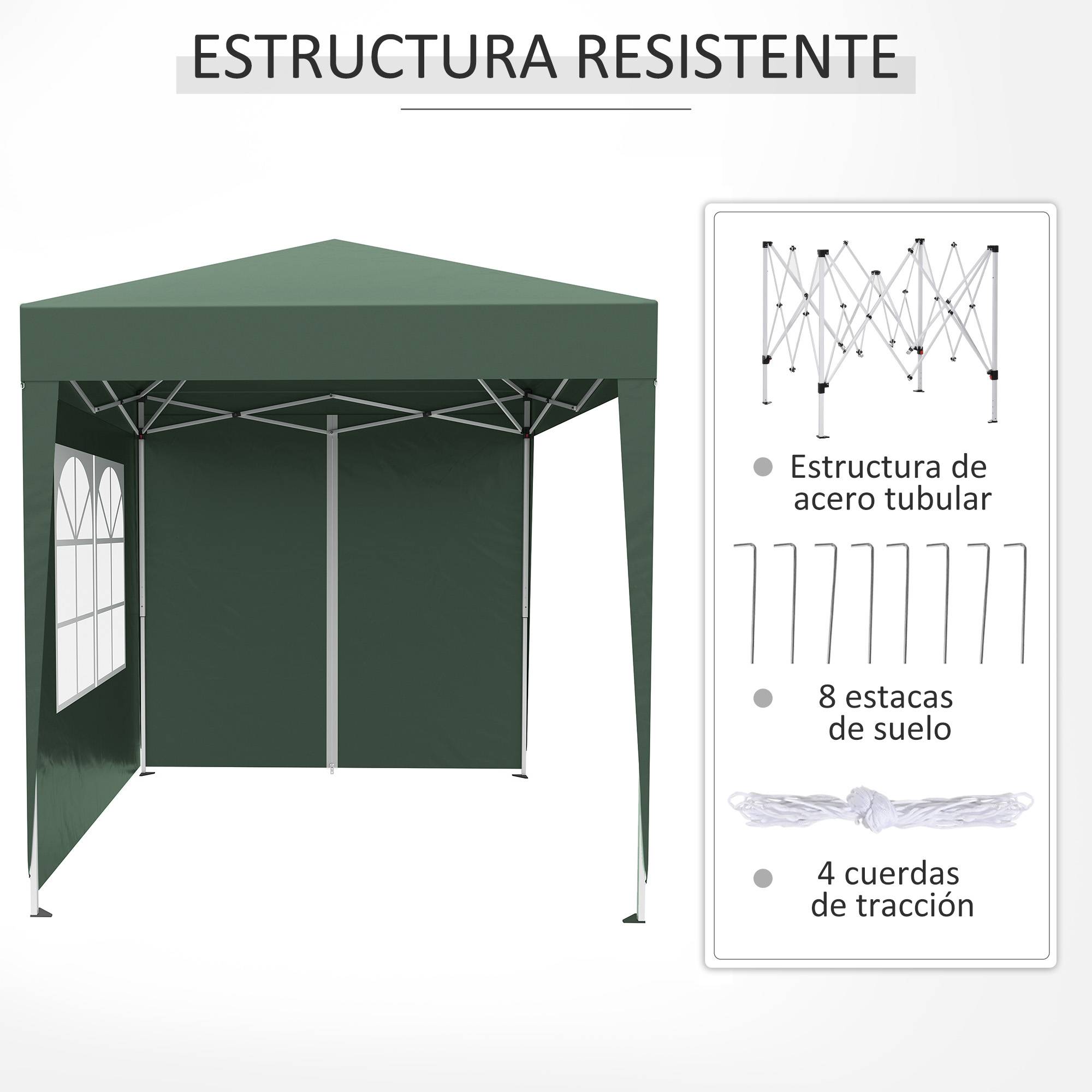 Gazebo de jardin 2x2m avec 4 parois latérales en tissu Oxford, 2 portes, 2 fenêtres et sac de transport étanche (vert) - Image 9