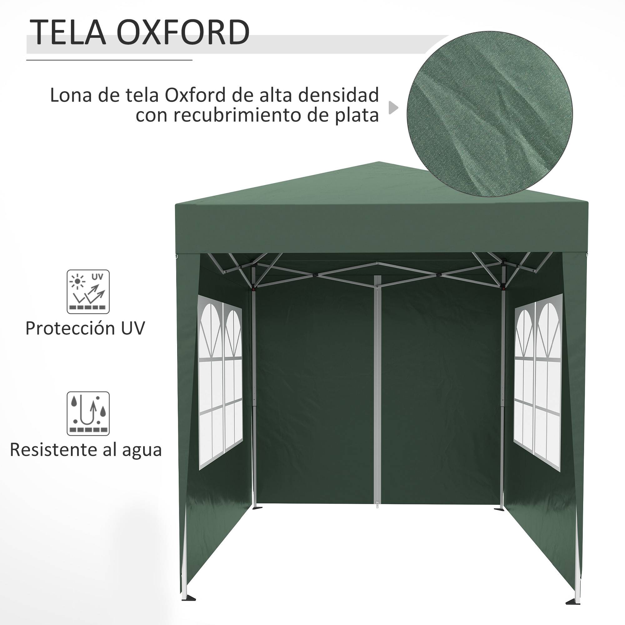 Gazebo de jardin 2x2m avec 4 parois latérales en tissu Oxford, 2 portes, 2 fenêtres et sac de transport étanche (vert) - Image 8