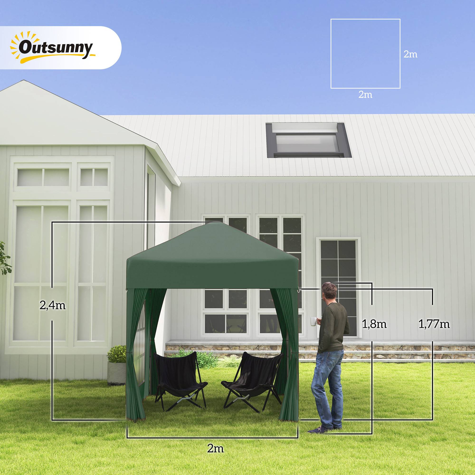 Gazebo de jardin 2x2m avec 4 parois latérales en tissu Oxford, 2 portes, 2 fenêtres et sac de transport étanche (vert) - Image 5