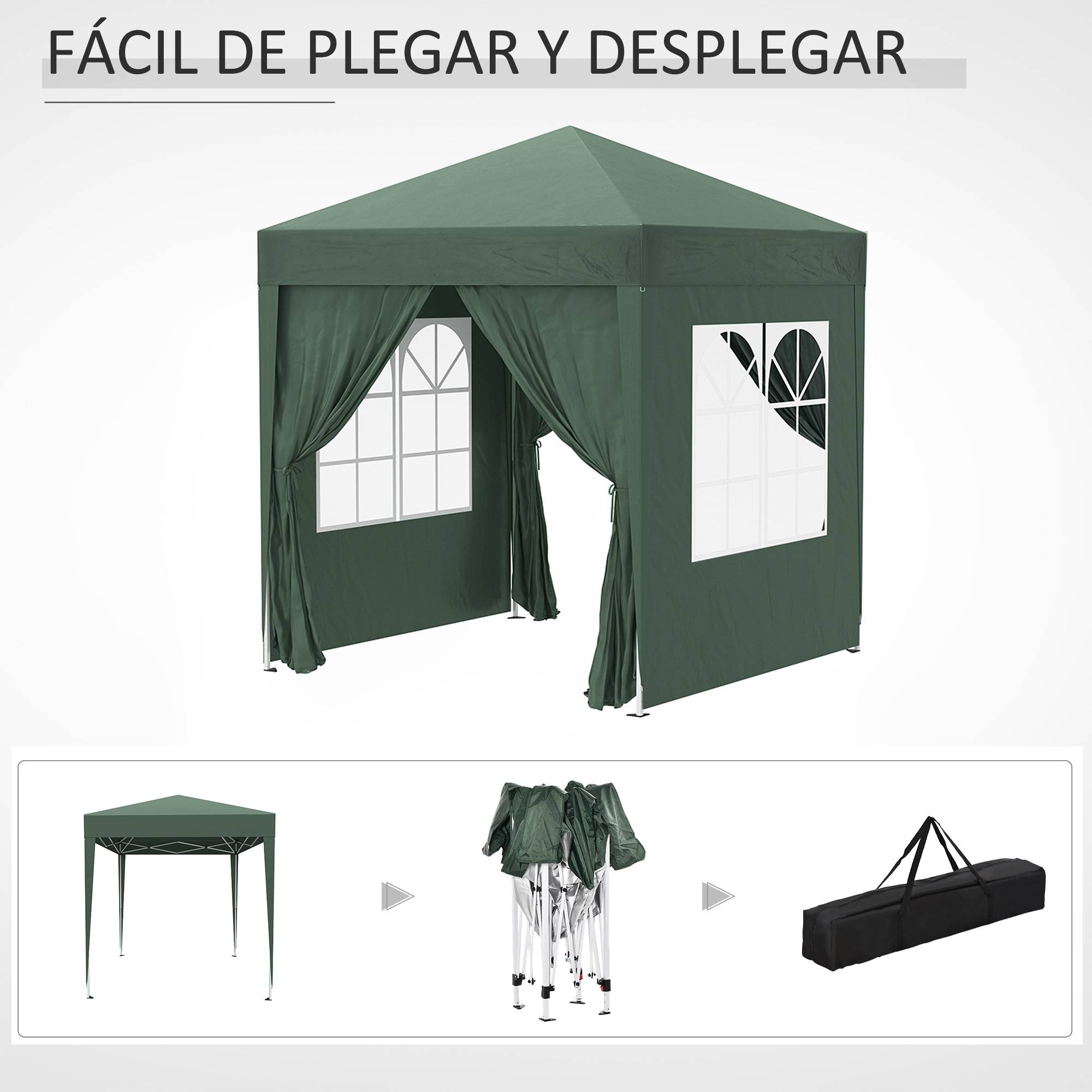 Gazebo de jardin 2x2m avec 4 parois latérales en tissu Oxford, 2 portes, 2 fenêtres et sac de transport étanche (vert) - Image 10