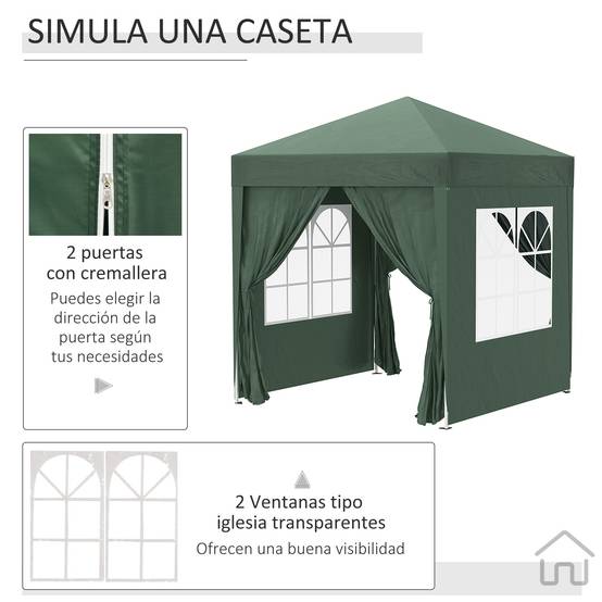 Gazebo de jardin 2x2m avec 4 parois latérales en tissu Oxford, 2 portes, 2 fenêtres et sac de transport étanche (vert) - Image 7