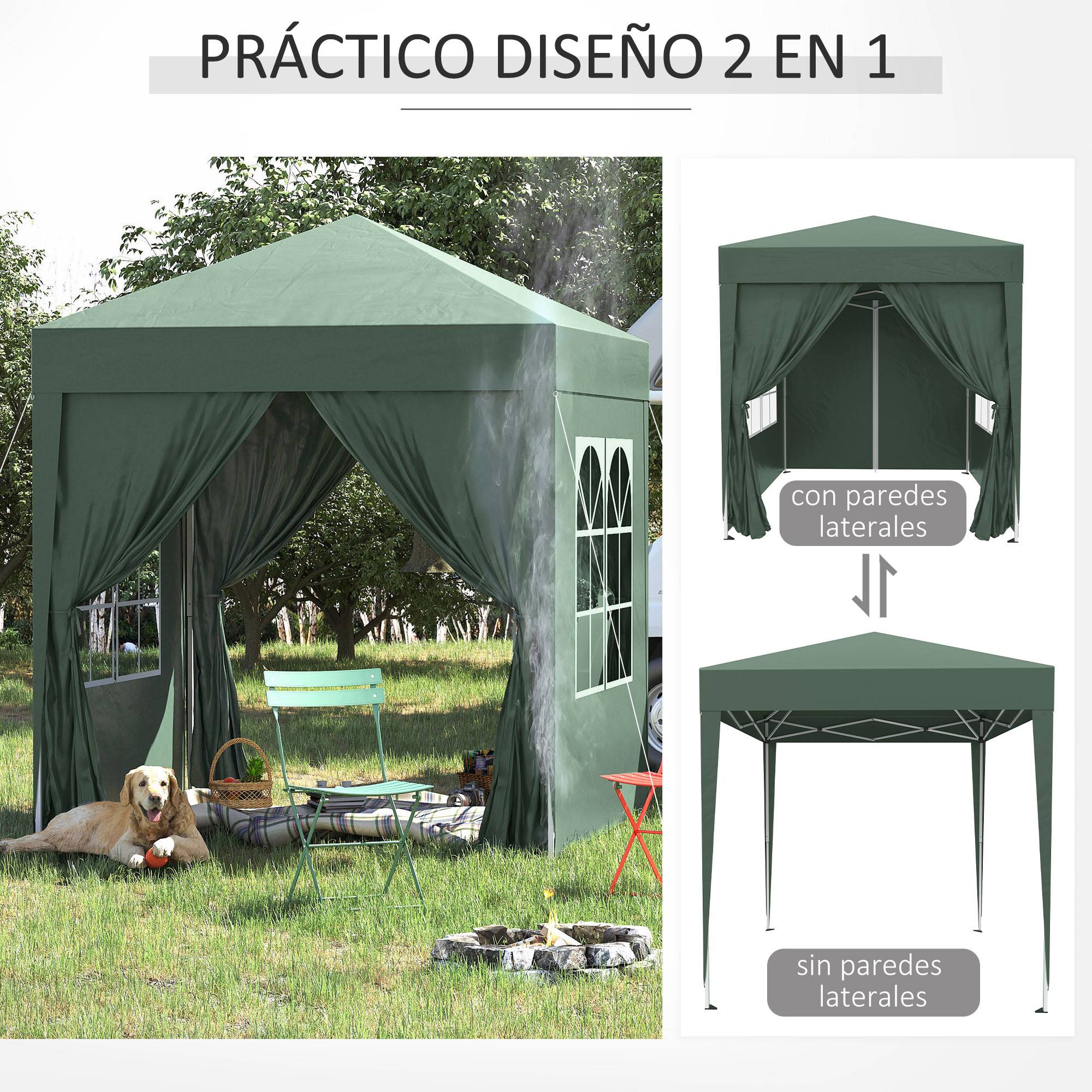 Gazebo de jardin 2x2m avec 4 parois latérales en tissu Oxford, 2 portes, 2 fenêtres et sac de transport étanche (vert) - Image 6
