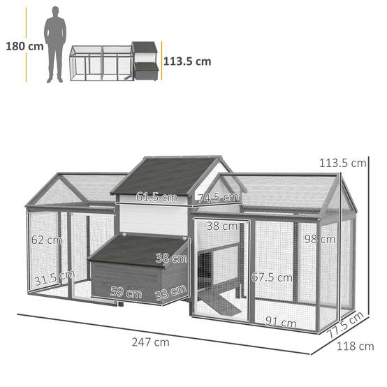 Poulailler avec enclos bois sapin pondoir toit anti-UV 247x118cm gris - ComfortXL Outdoor Living - Image 5