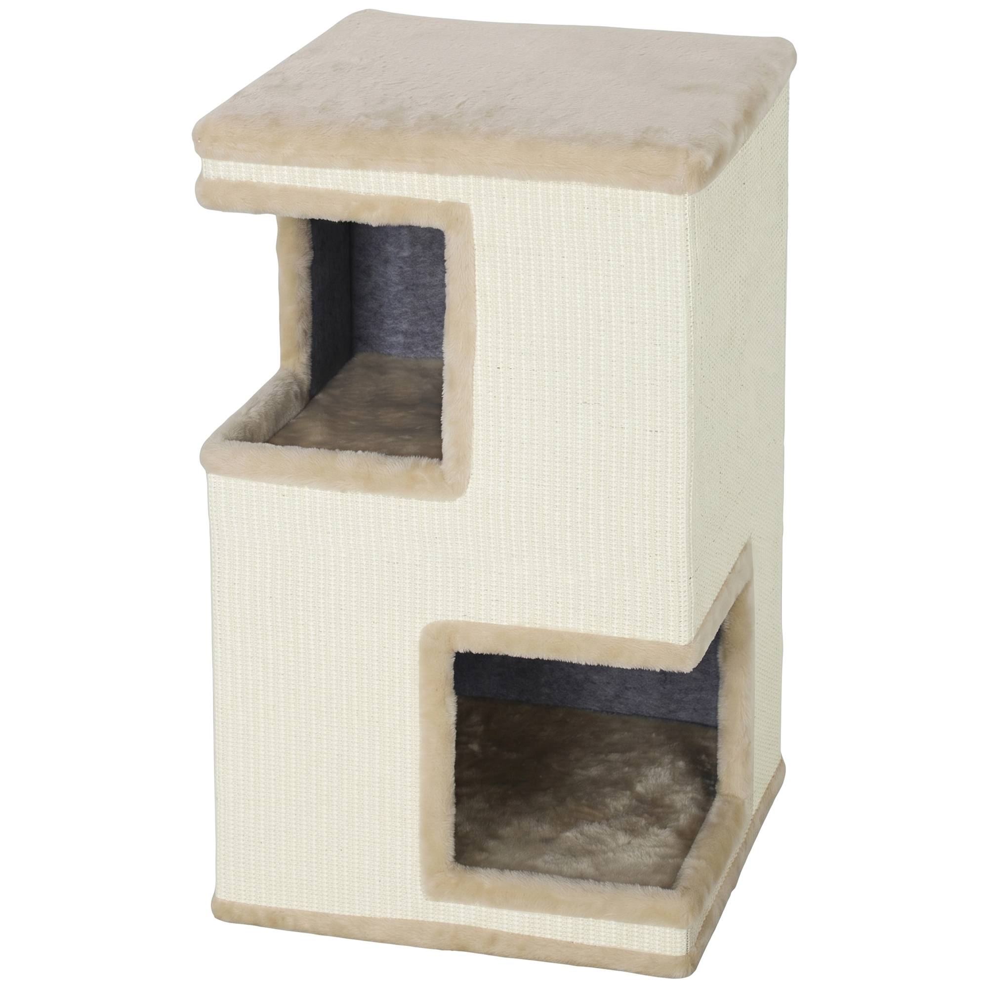 ComfortXL - Griffoir tonneau pour chat aggloméré et peluche 40 x 40 x 67 cm beige 3 niveaux avec 2 niches en sisal - Image 10