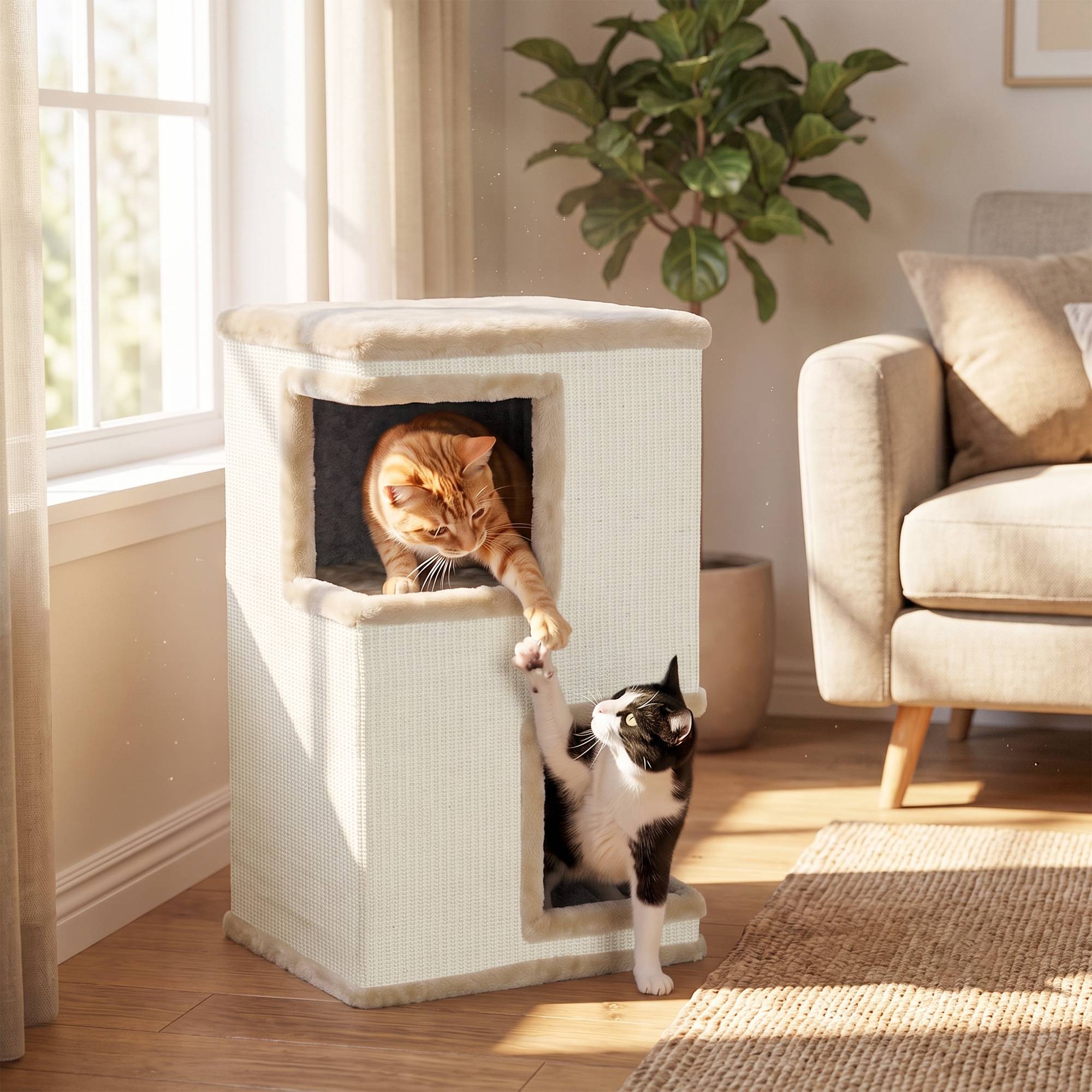 ComfortXL - Griffoir tonneau pour chat aggloméré et peluche 40 x 40 x 67 cm beige 3 niveaux avec 2 niches en sisal - Image 8