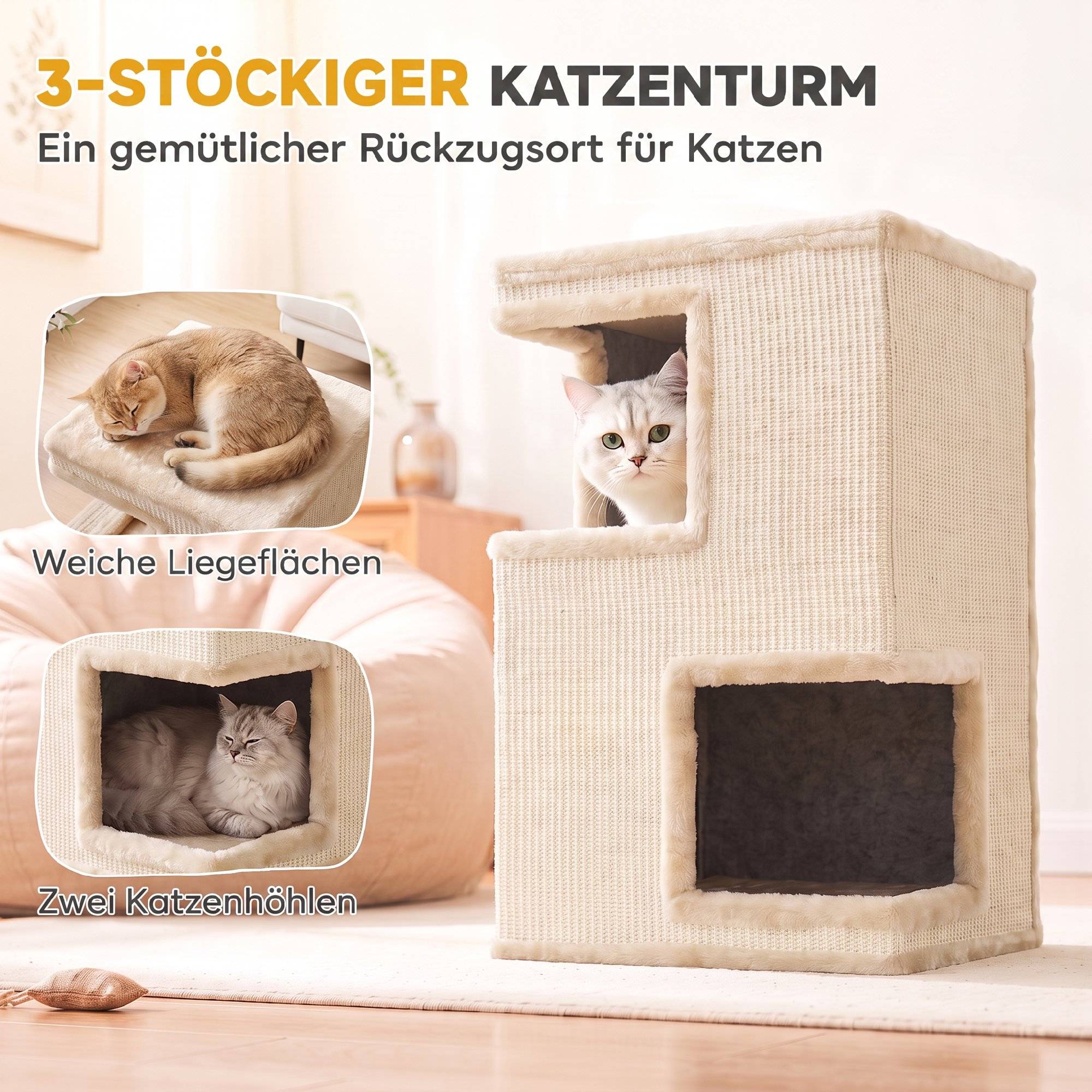 ComfortXL - Griffoir tonneau pour chat aggloméré et peluche 40 x 40 x 67 cm beige 3 niveaux avec 2 niches en sisal - Image 4
