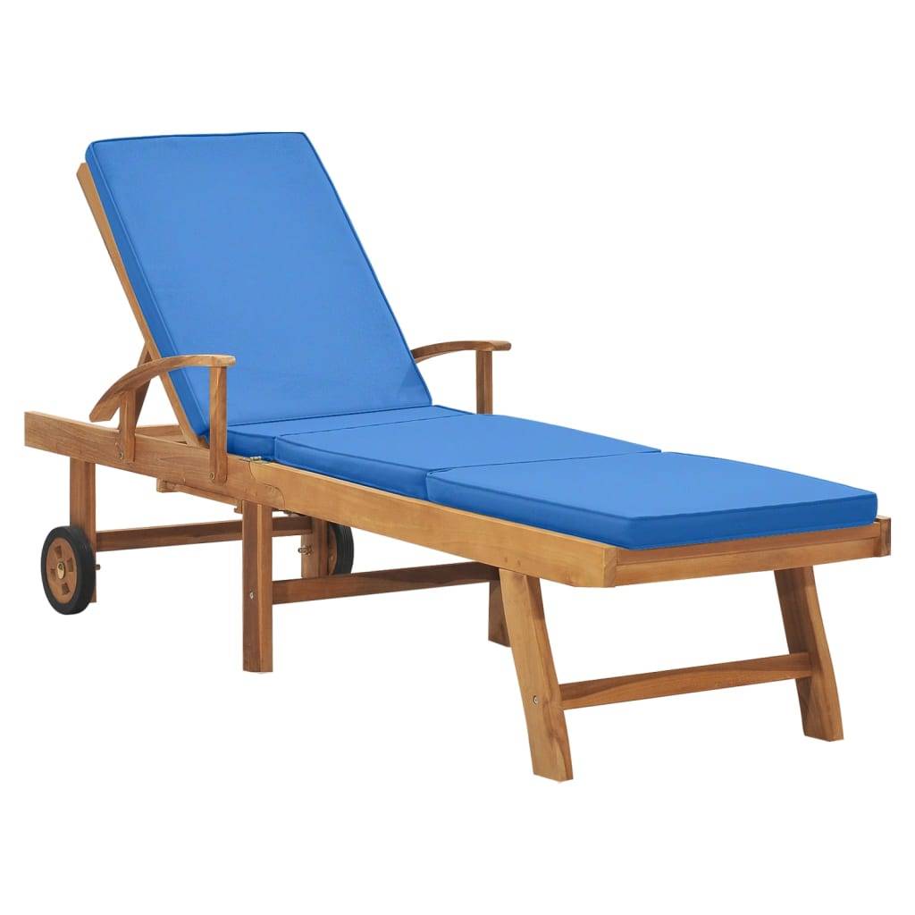 Helloshop26 - Transat chaise longue bain de soleil lit de jardin terrasse meuble d'extérieur avec coussin bois de teck solide bleu - Image 1