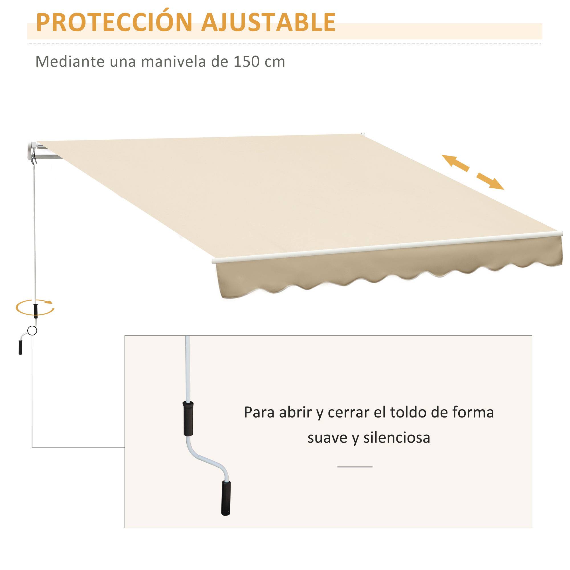Store mural avec bras articulé et manivelle, structure robuste en aluminium et toile en polyester, 295 x 245 cm, beige - Image 7