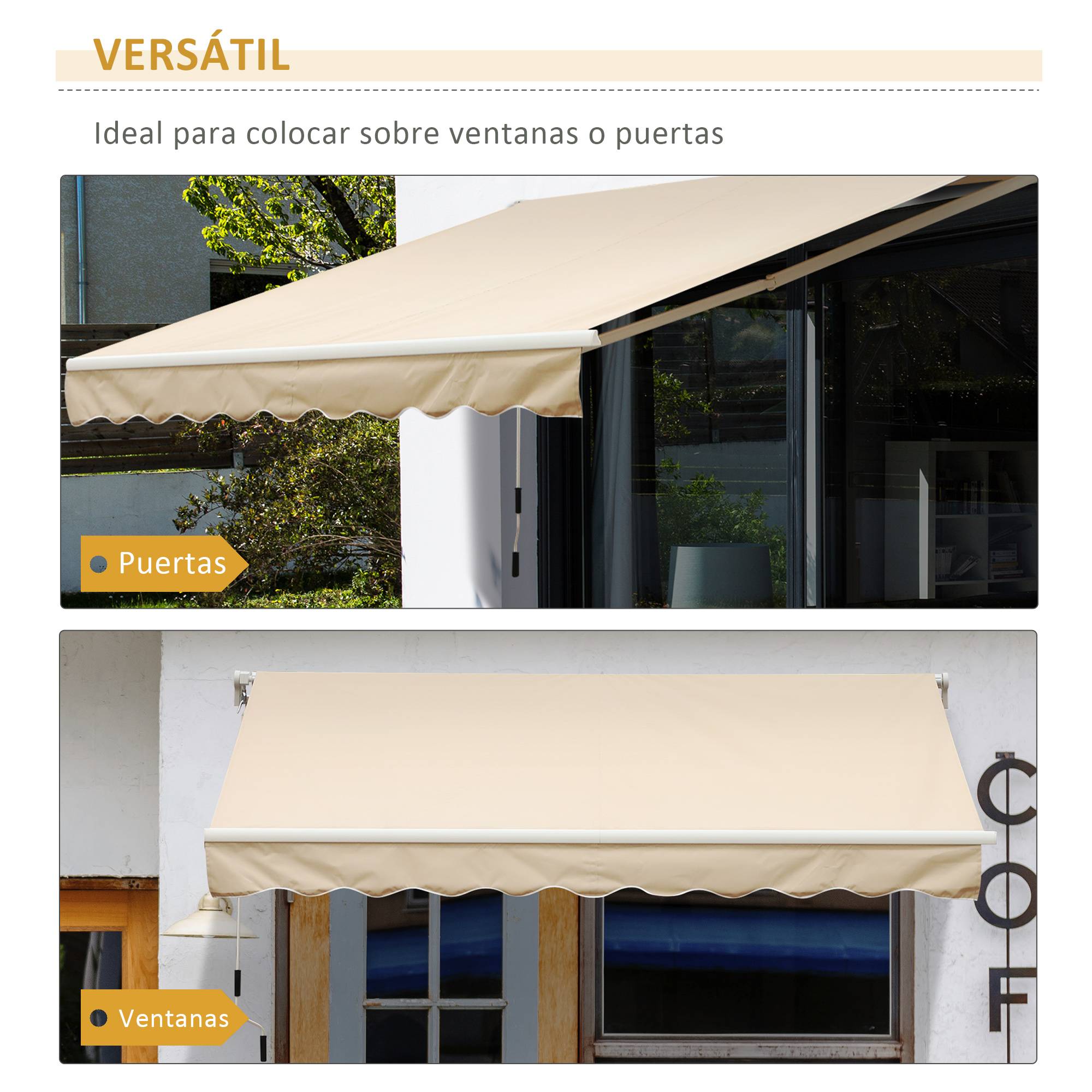 Store mural avec bras articulé et manivelle, structure robuste en aluminium et toile en polyester, 295 x 245 cm, beige - Image 8