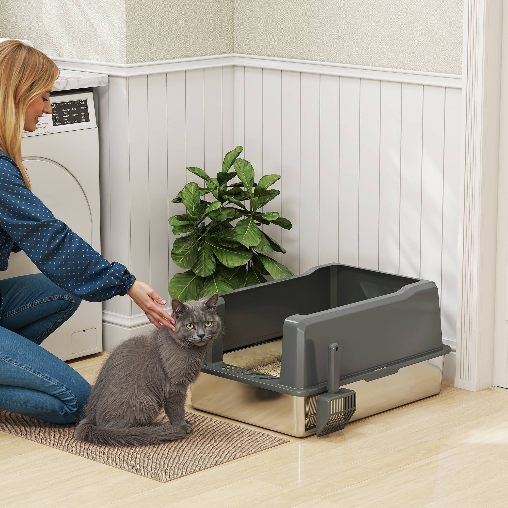 Sans Marque - Bac à litière pour chat en acier inoxydable 85L grande capacité maison de toilette semi-fermée, 71 x 50,8 x 35,5 cm gris - Image 2