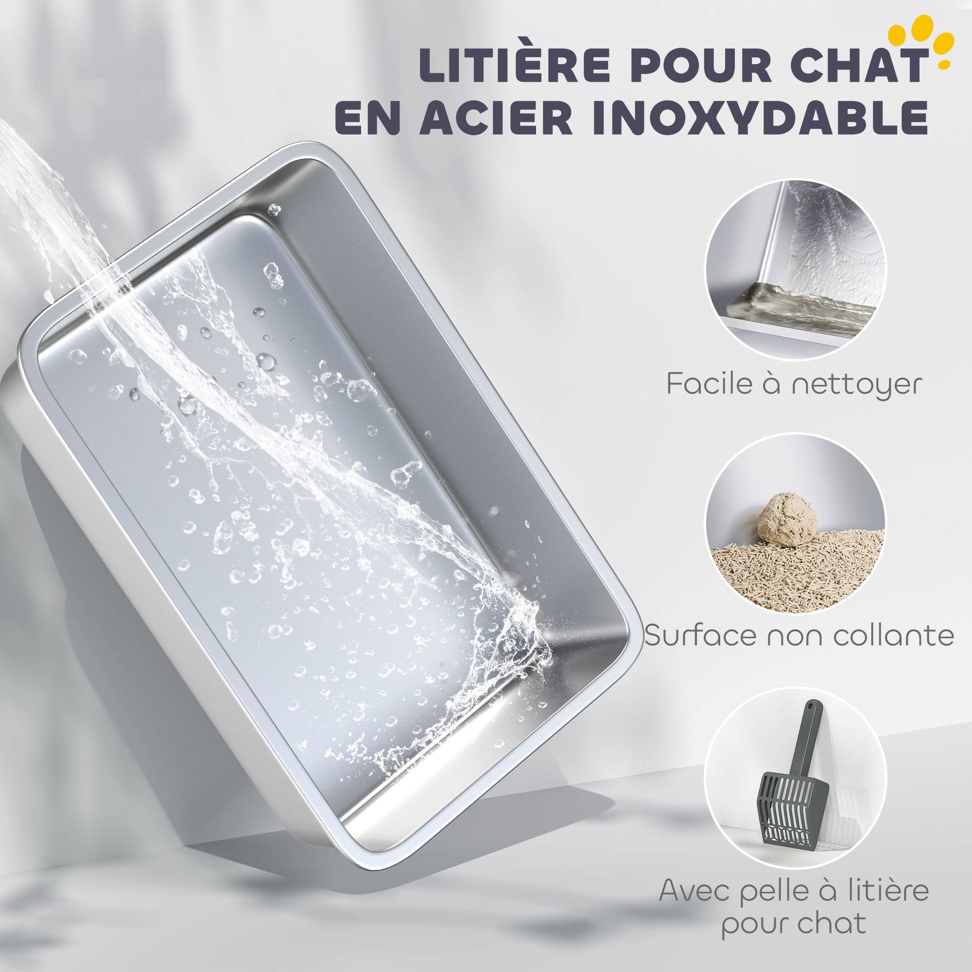 Sans Marque - Bac à litière pour chat en acier inoxydable 85L grande capacité maison de toilette semi-fermée, 71 x 50,8 x 35,5 cm gris - Image 5