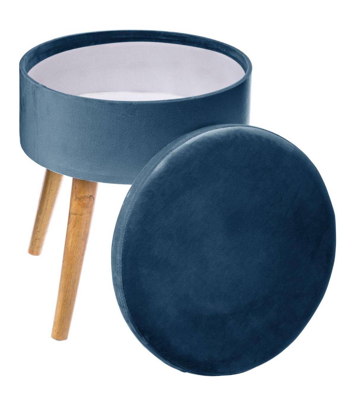 Atmosphera - Tabouret avec Coffre en Velours Bleu et pieds en Bois naturel H 43 cm - Image 2