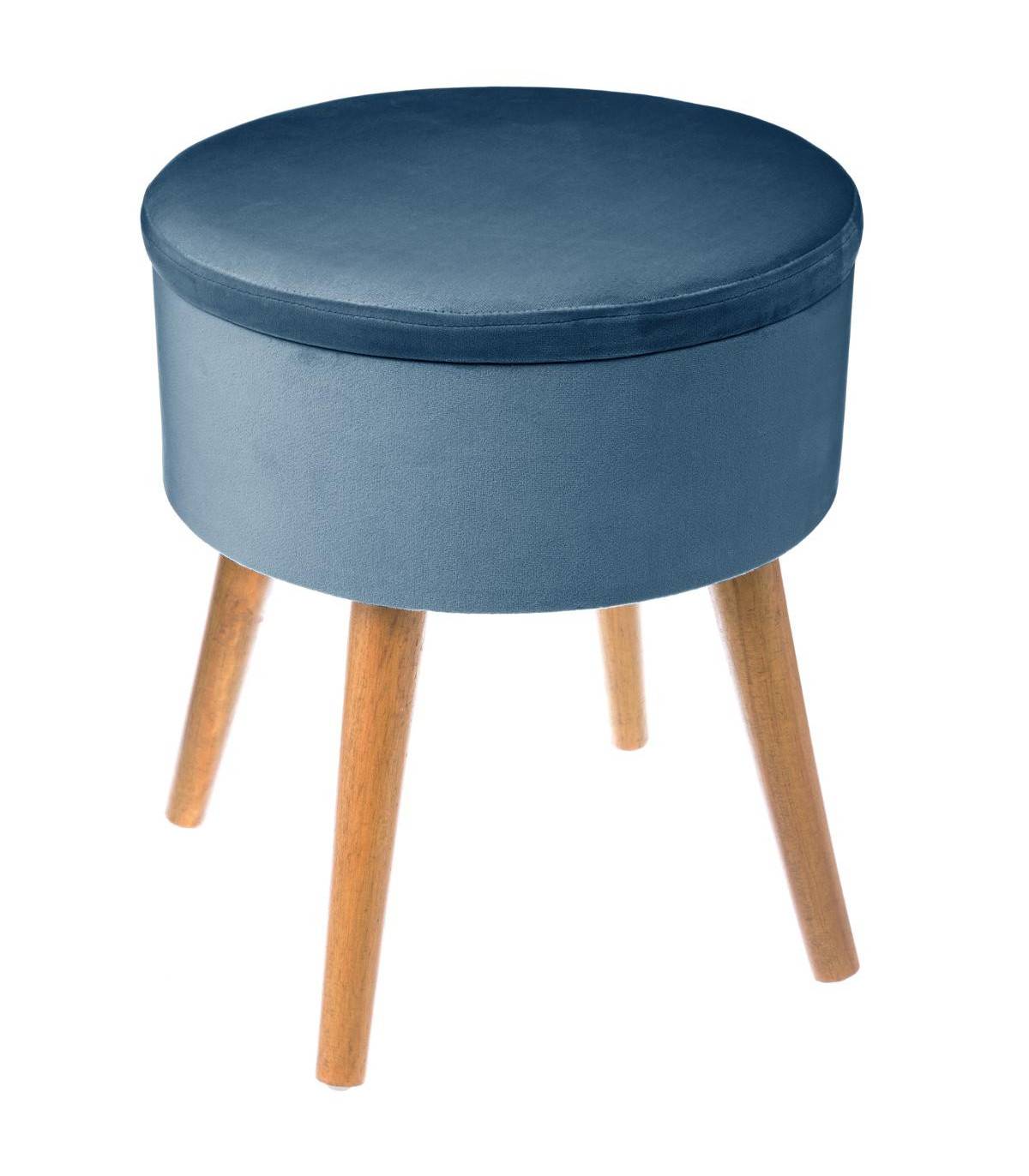 Atmosphera - Tabouret avec Coffre en Velours Bleu et pieds en Bois naturel H 43 cm - Image 1