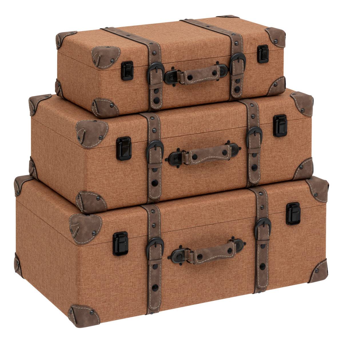 Set de 3 Malles de rangement Marron Caramel style Vintage L 60 L 55 et L 45 cm - Image 1