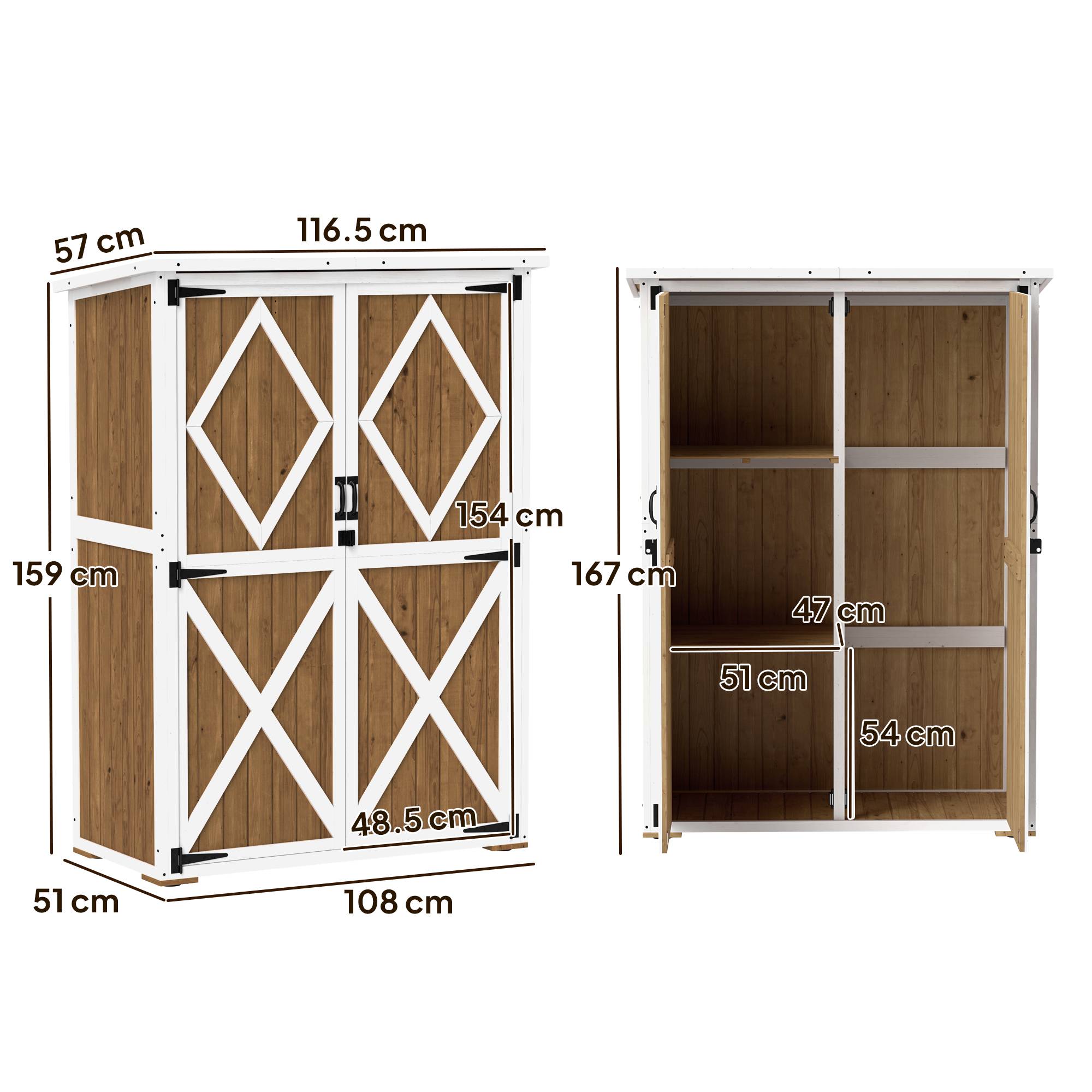 Abri de jardin en bois de sapin avec 2 étagères et 2 portes, 116,5 x 57 x 159/167 cm, marron et blanc - Image 5