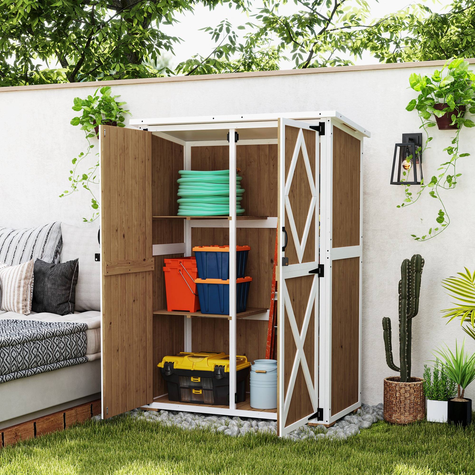 Abri de jardin en bois de sapin avec 2 étagères et 2 portes, 116,5 x 57 x 159/167 cm, marron et blanc - Image 4