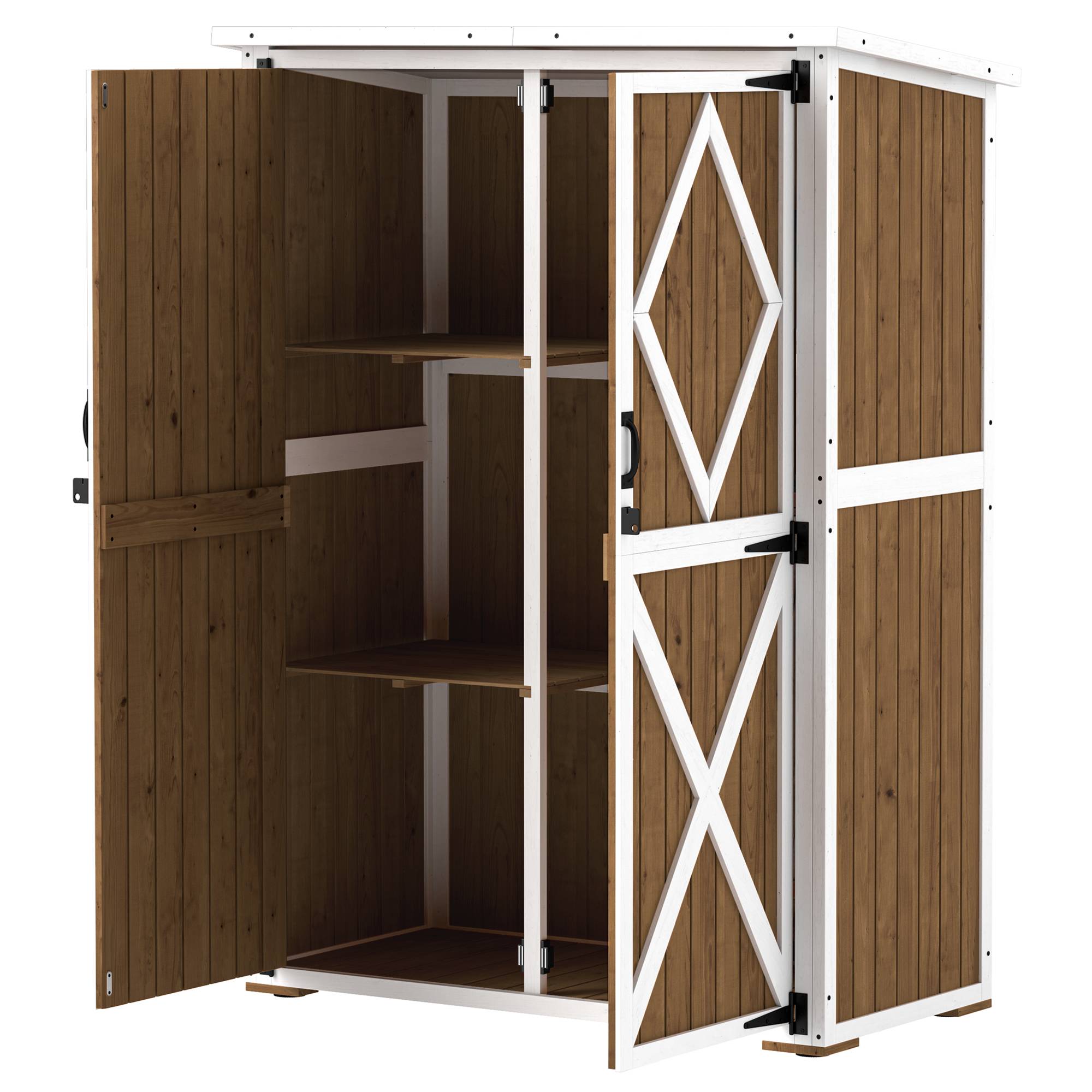 Abri de jardin en bois de sapin avec 2 étagères et 2 portes, 116,5 x 57 x 159/167 cm, marron et blanc - Image 2