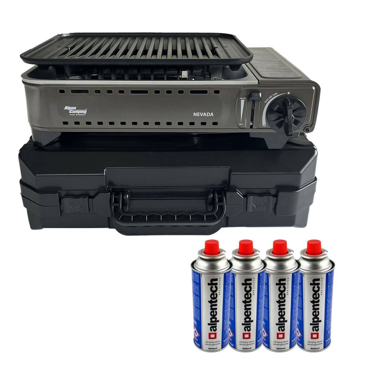 Barbecue à gaz Portable Grill 1780W + 4 Cartouches Gaz Butane Allumage Piezo + Mallette Camping ALPEN - Image 1