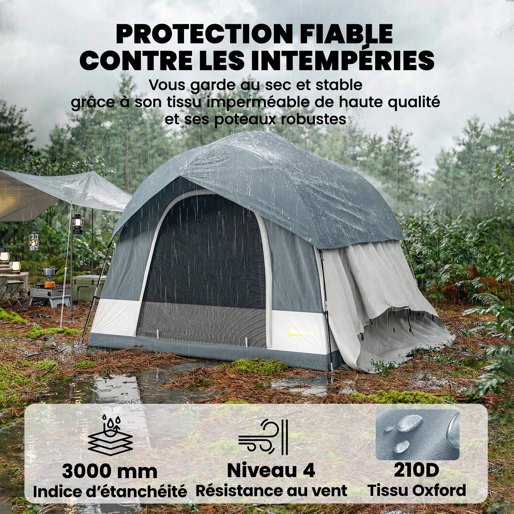 Tente camping facile à monter 2-4 personnes, 3 portes imperméables, compatible SUV bleu foncé, tente familiale - Image 9