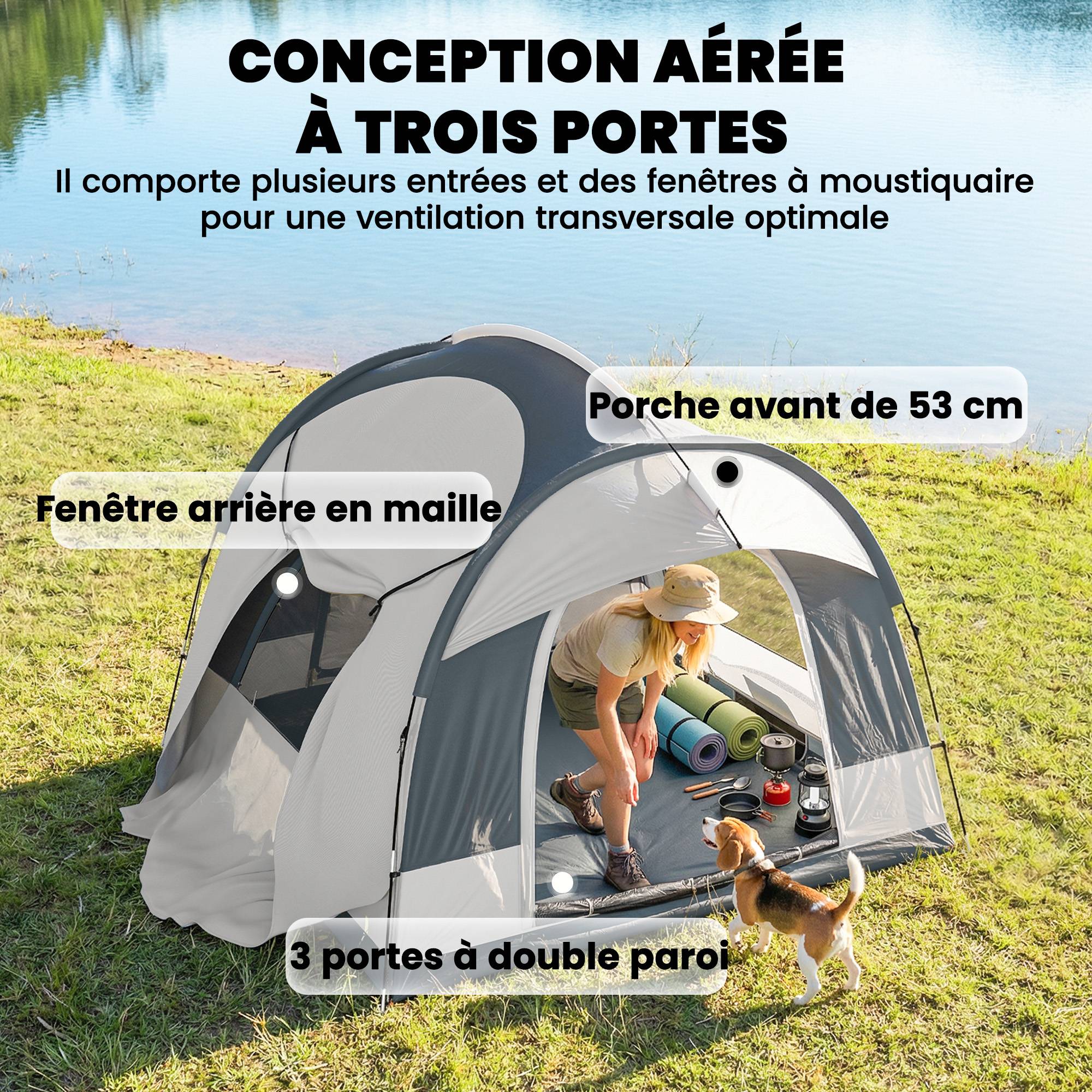 Tente camping facile à monter 2-4 personnes, 3 portes imperméables, compatible SUV bleu foncé, tente familiale - Image 8