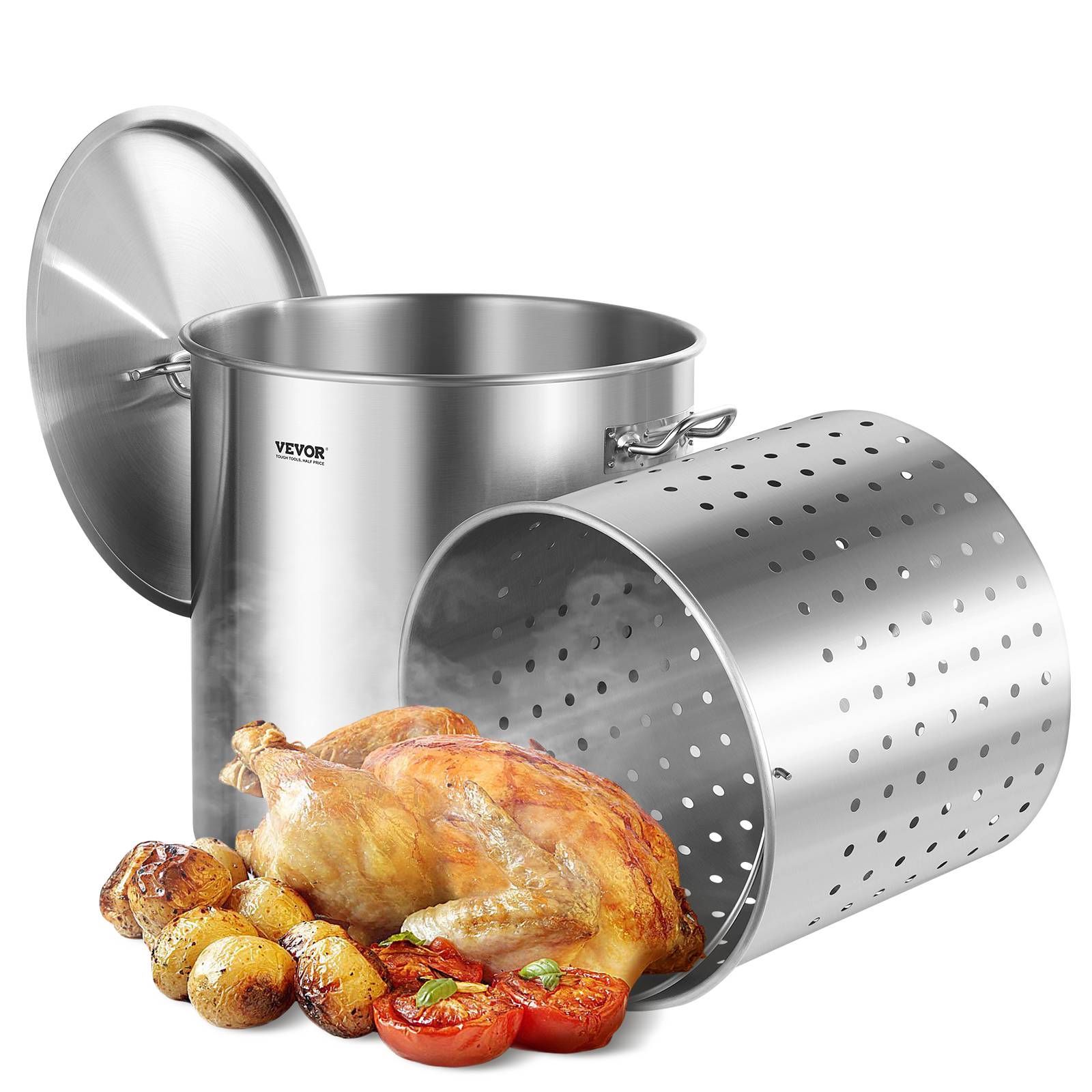 VEVOR Marmite acier inox 79.5L, panier, couvercle, poignée, qualité commerciale, argent. - Image 1