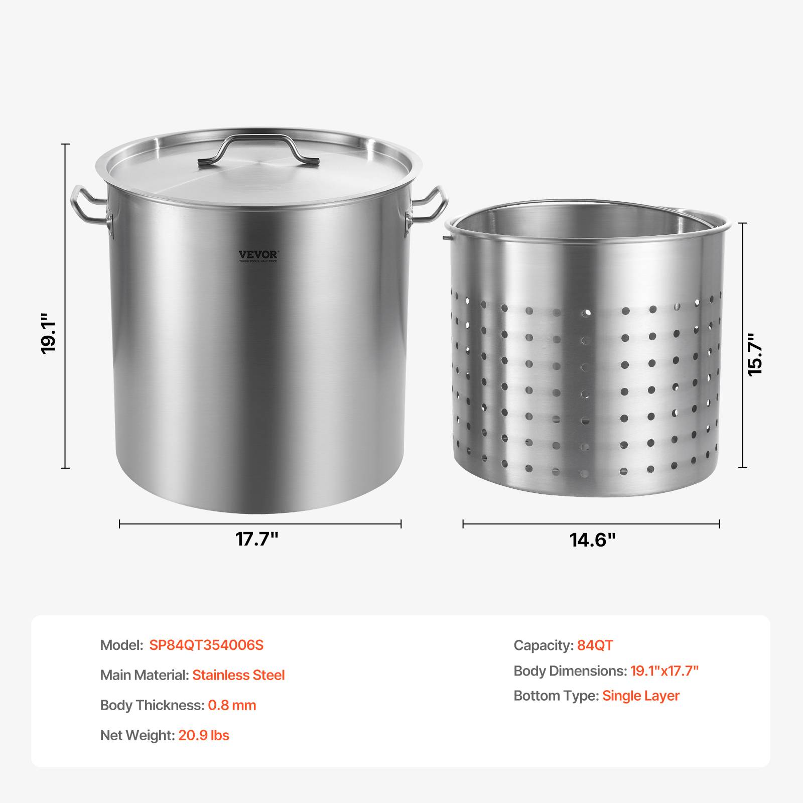 VEVOR Marmite acier inox 79.5L, panier, couvercle, poignée, qualité commerciale, argent. - Image 7