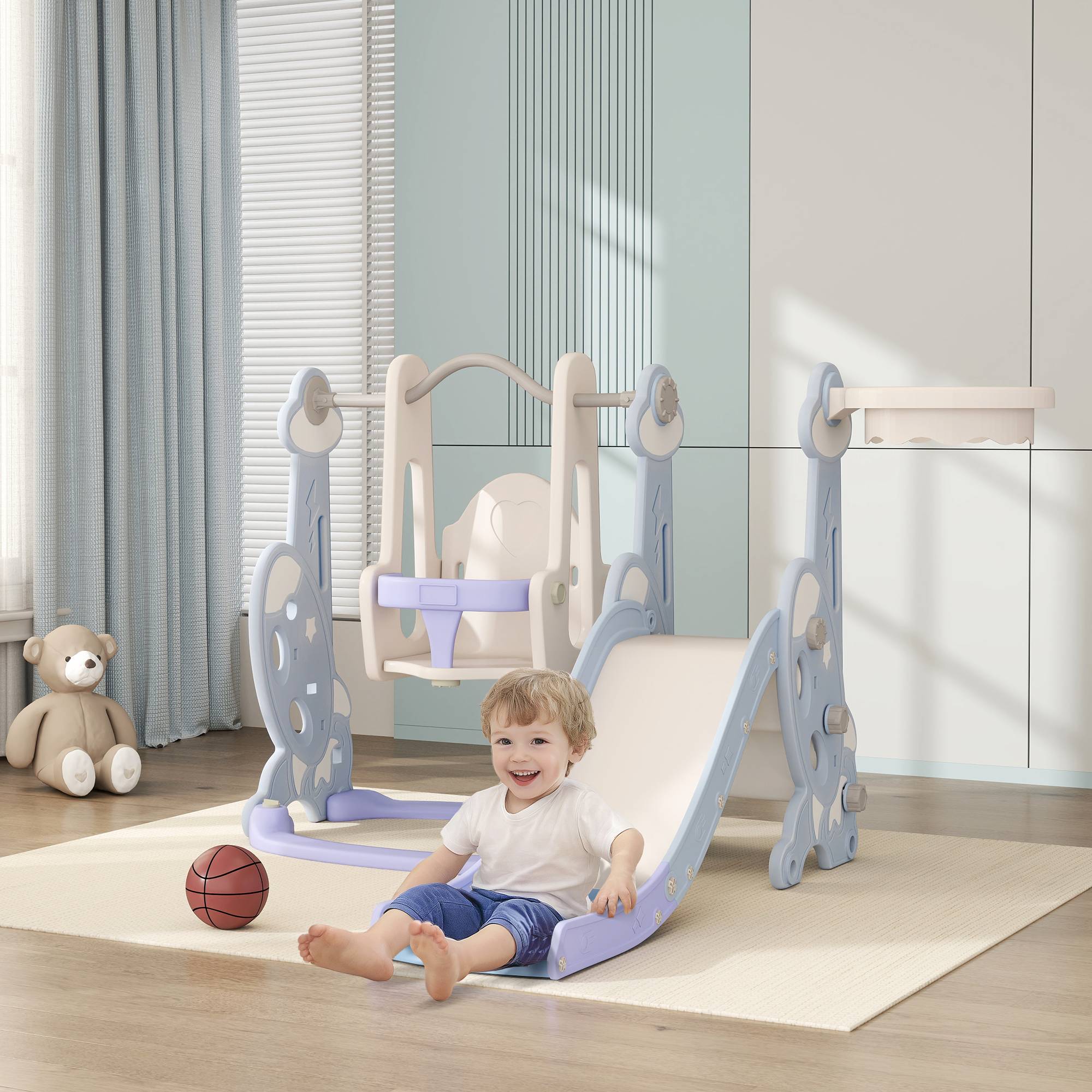 Aire de jeux 4 en 1 pour enfants avec toboggan, balançoire, structure d'escalade et panier de basket, 147,5 x 160 x 107 cm, bleu clair - Image 3