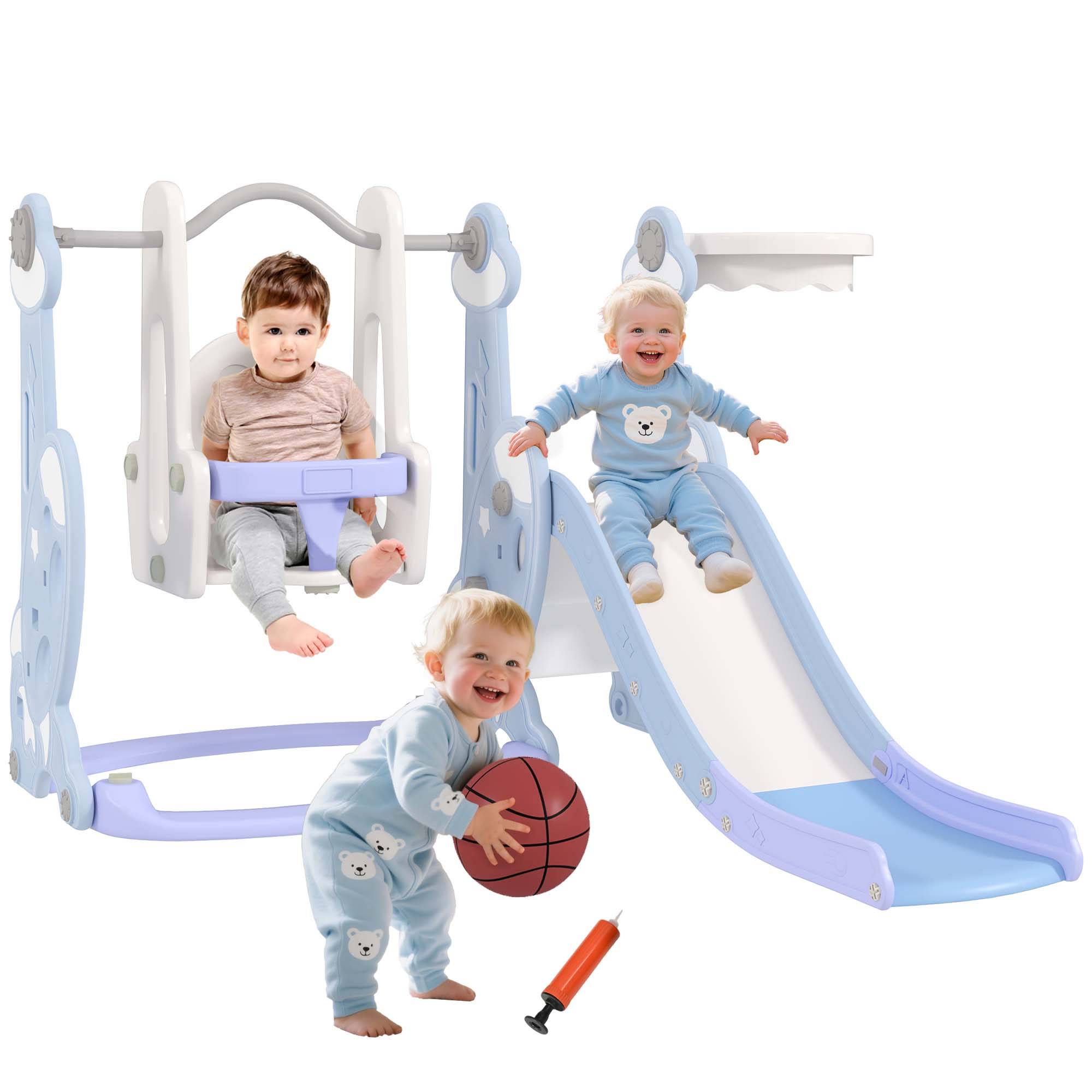 Aire de jeux 4 en 1 pour enfants avec toboggan, balançoire, structure d'escalade et panier de basket, 147,5 x 160 x 107 cm, bleu clair - Image 1