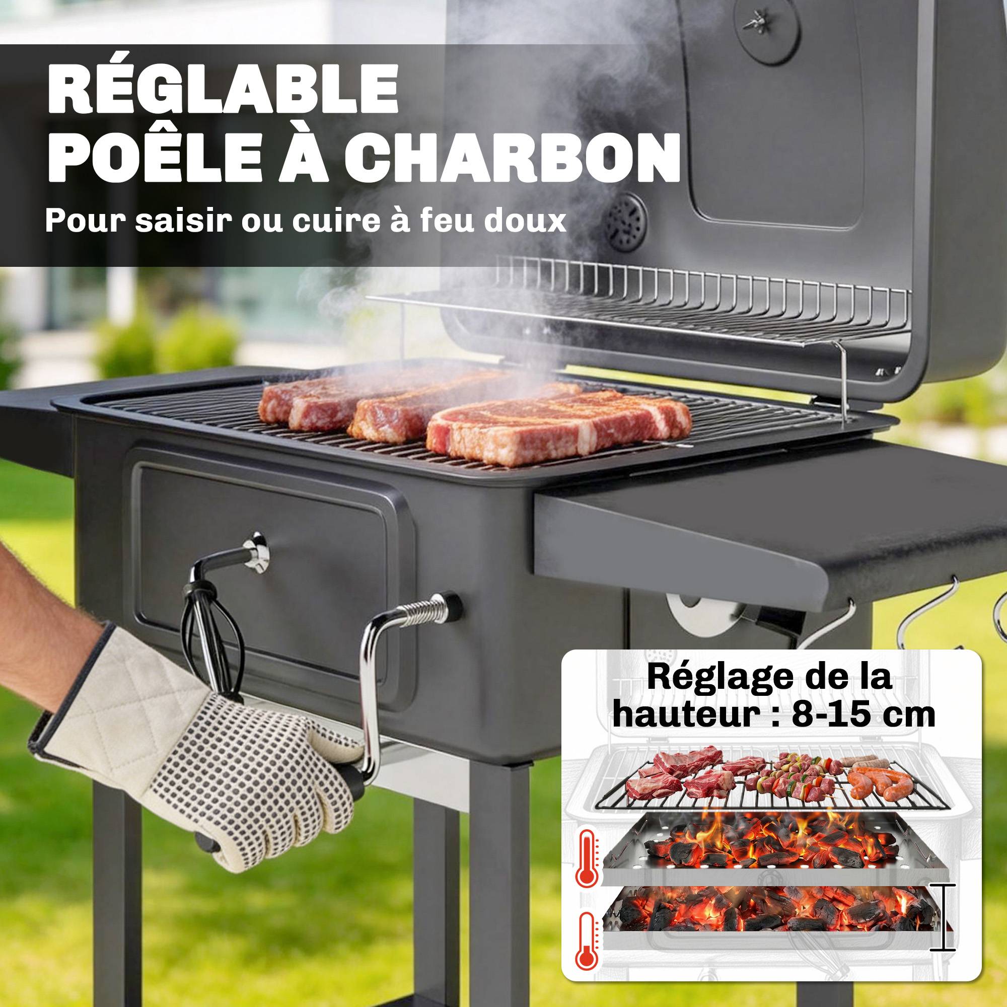 Barbecue fumoir charbon métal acier pour jardin bac réglable mobile 112 cm noir - ComfortXL Outdoor Living - Image 7