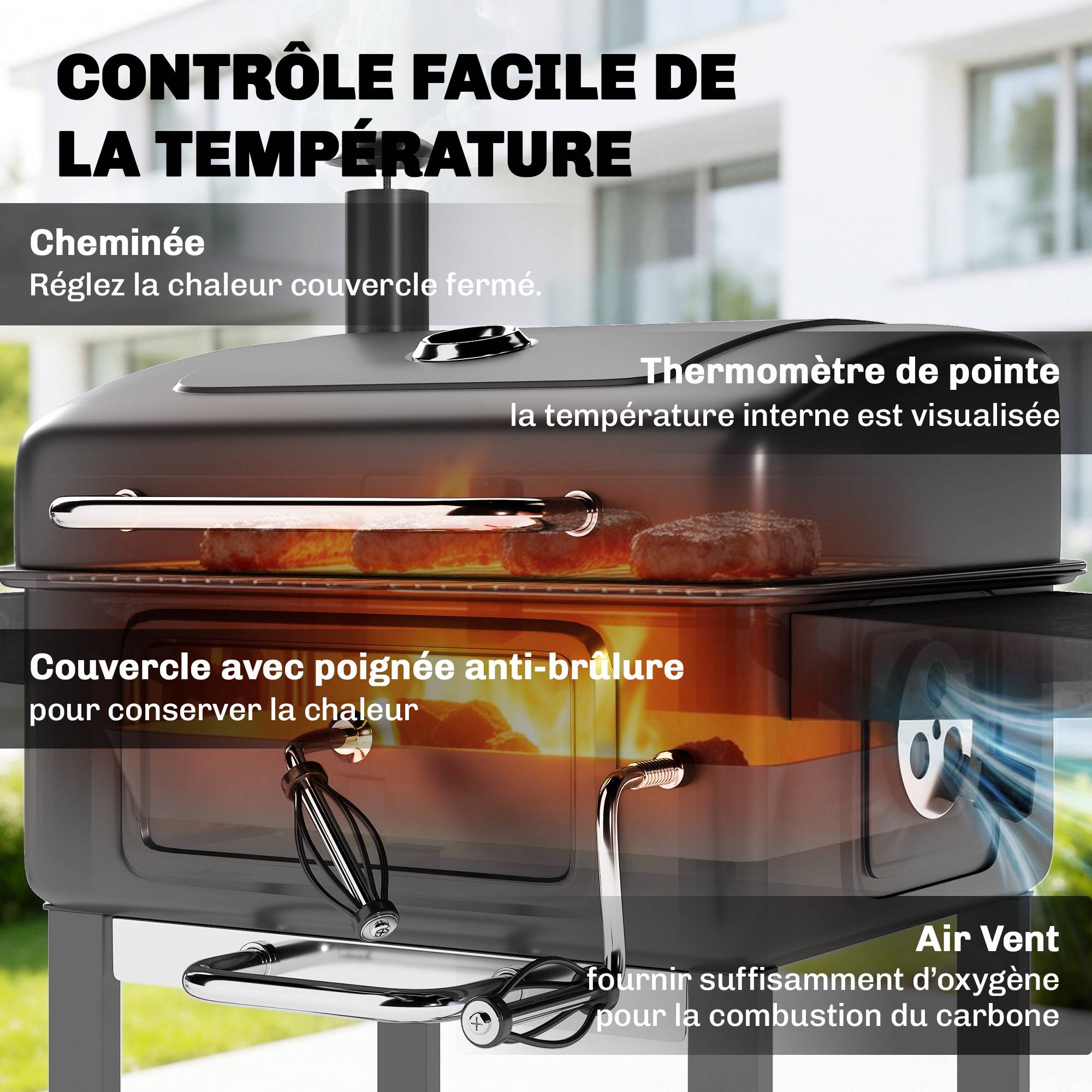 Barbecue fumoir charbon métal acier pour jardin bac réglable mobile 112 cm noir - ComfortXL Outdoor Living - Image 8