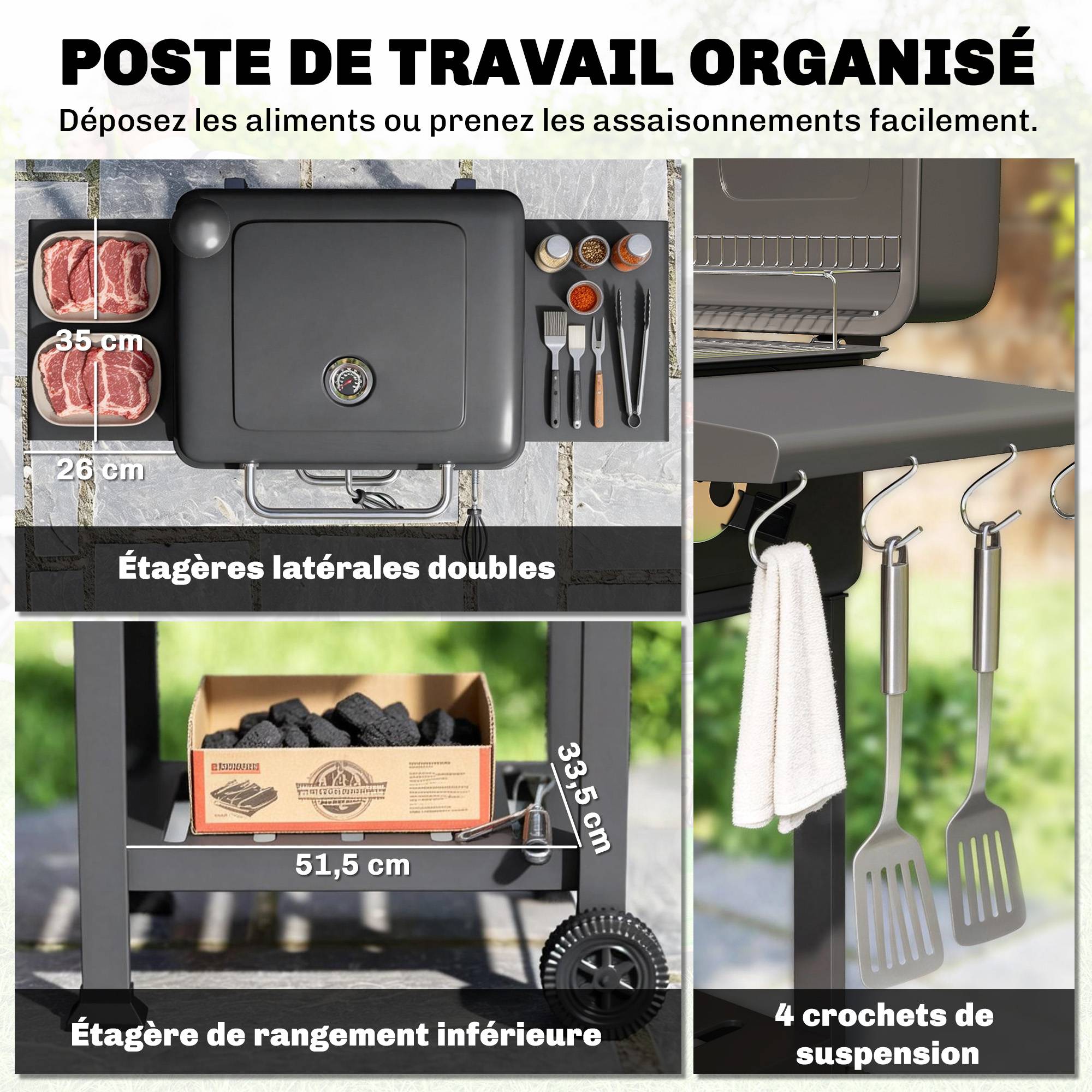Barbecue fumoir charbon métal acier pour jardin bac réglable mobile 112 cm noir - ComfortXL Outdoor Living - Image 9