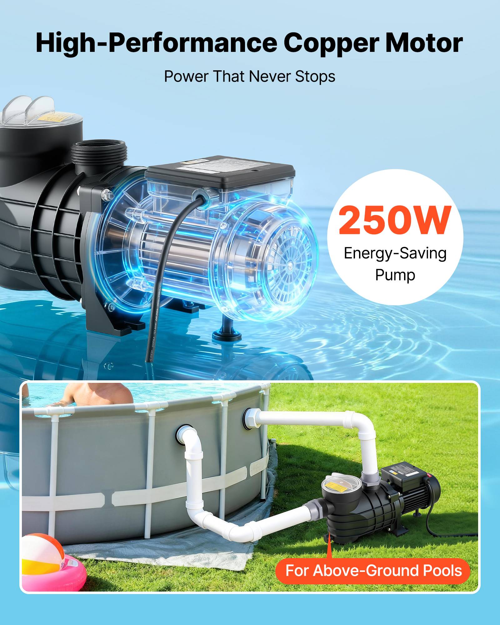 Vevor - VEVOR Pompe piscine hors-sol 250 W, 11 700 L/h, 8 m, vitesse unique, panier filtrant et couvercle, 220-240 V CA - Image 3