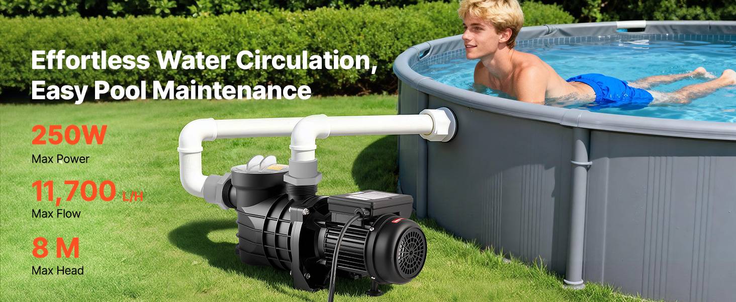 Vevor - VEVOR Pompe piscine hors-sol 250 W, 11 700 L/h, 8 m, vitesse unique, panier filtrant et couvercle, 220-240 V CA - Image 9