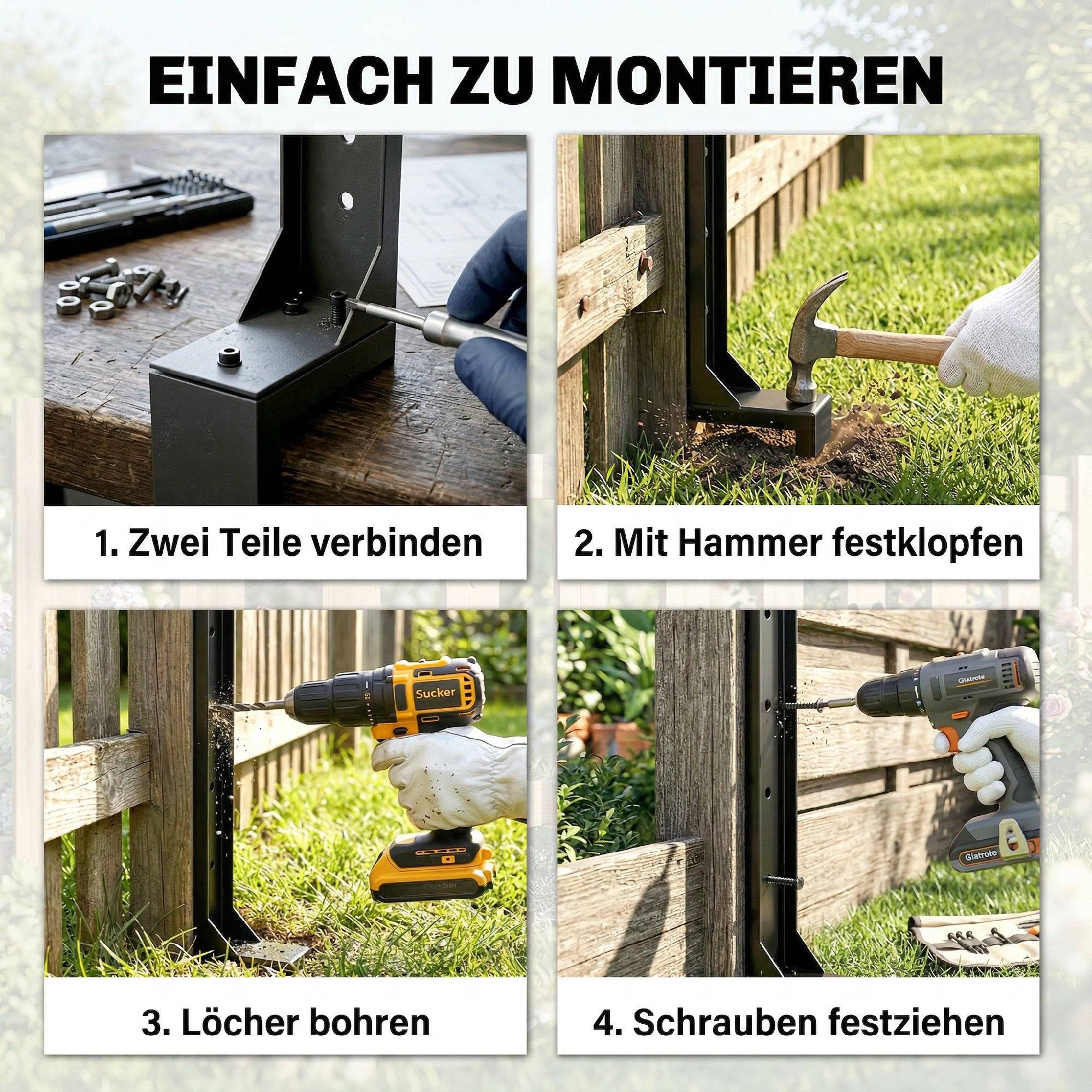 ComfortXL - Kit réparation poteau de clôture métal noir 81 x 5,5 x 12 cm lot de 2 pour jardin fixation sans creuser - Image 6