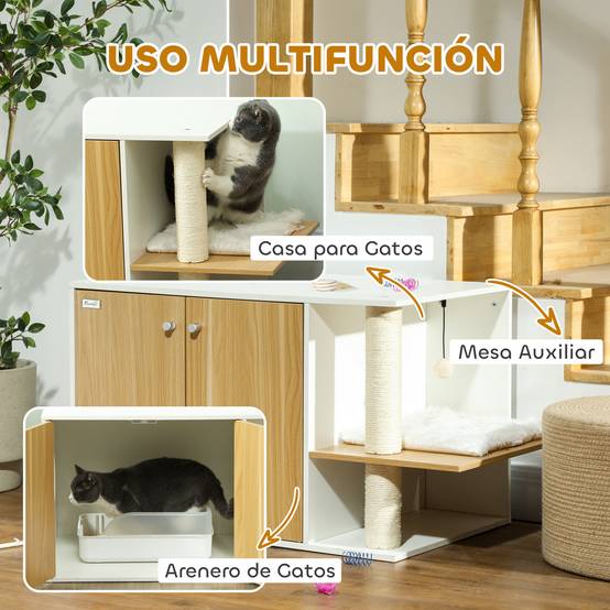 Meuble Cache-Litière pour Chat Chêne et Blanc avec Espace de Jeu Griffoir et Balle Suspendue 94x48cm - ComfortXL Outdoor Living - Image 6