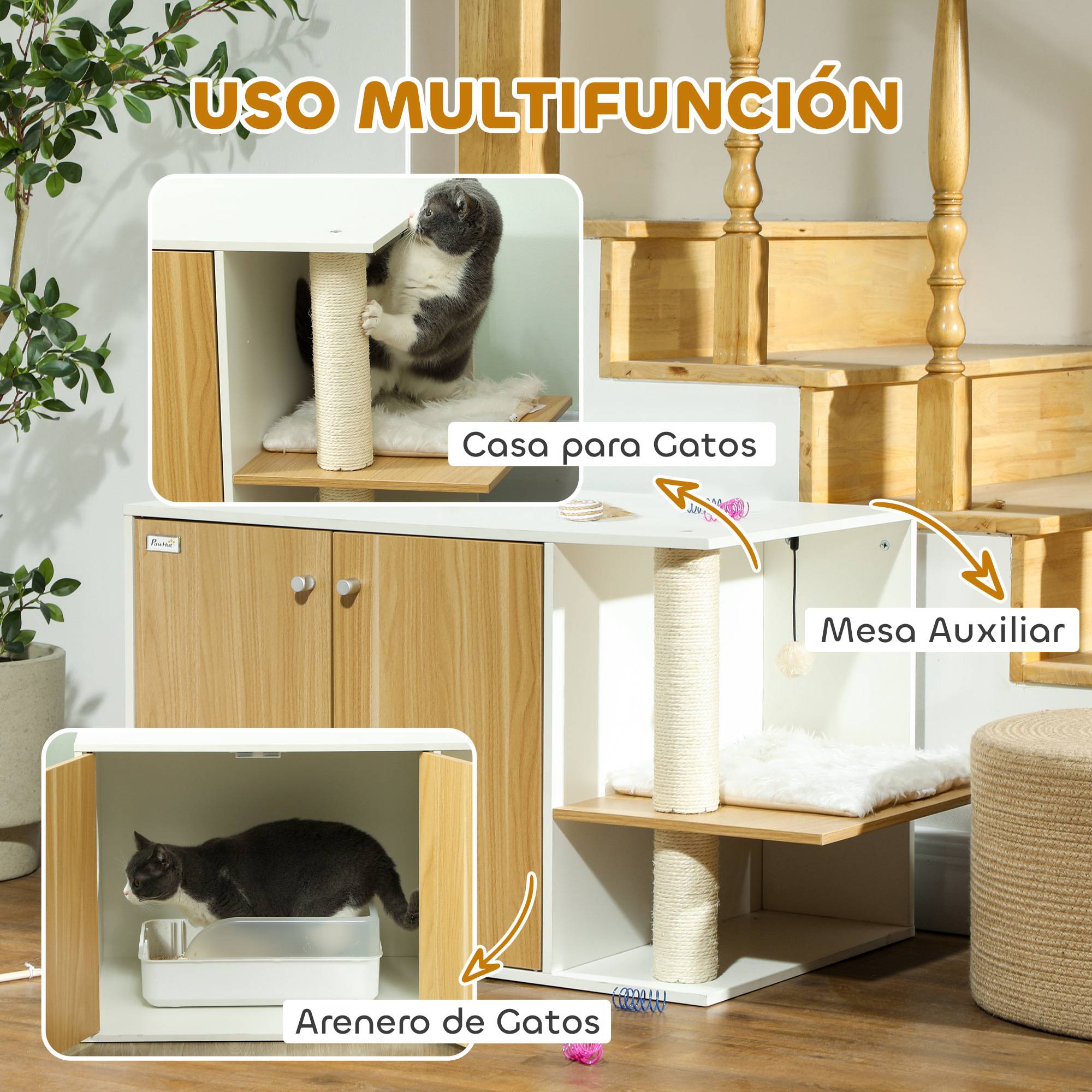 Meuble Cache-Litière pour Chat Chêne et Blanc avec Espace de Jeu Griffoir et Balle Suspendue 94x48cm - ComfortXL Outdoor Living - Image 6