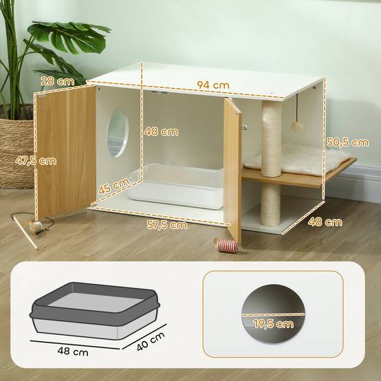 Meuble Cache-Litière pour Chat Chêne et Blanc avec Espace de Jeu Griffoir et Balle Suspendue 94x48cm - ComfortXL Outdoor Living - Image 5