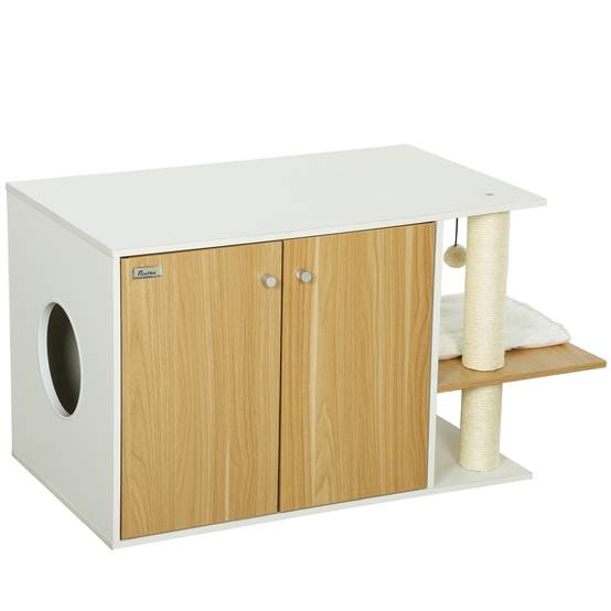 Meuble Cache-Litière pour Chat Chêne et Blanc avec Espace de Jeu Griffoir et Balle Suspendue 94x48cm - ComfortXL Outdoor Living - Image 2