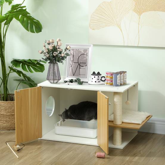 Meuble Cache-Litière pour Chat Chêne et Blanc avec Espace de Jeu Griffoir et Balle Suspendue 94x48cm - ComfortXL Outdoor Living - Image 3