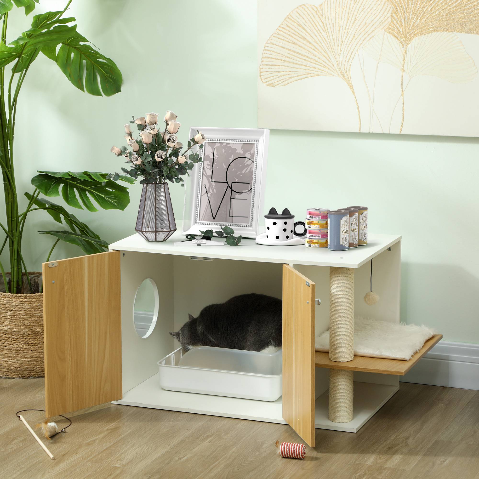 Meuble Cache-Litière pour Chat Chêne et Blanc avec Espace de Jeu Griffoir et Balle Suspendue 94x48cm - ComfortXL Outdoor Living - Image 3