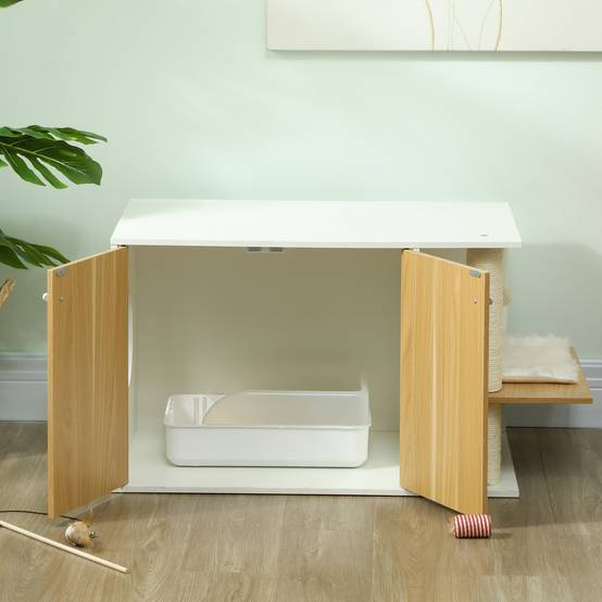 Meuble Cache-Litière pour Chat Chêne et Blanc avec Espace de Jeu Griffoir et Balle Suspendue 94x48cm - ComfortXL Outdoor Living - Image 10