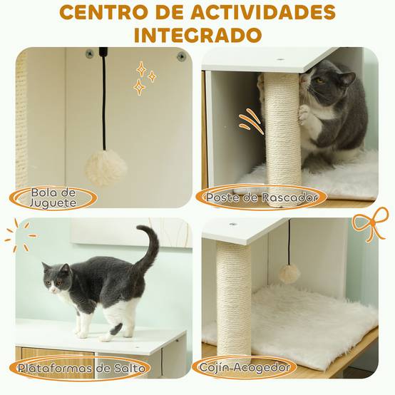 Meuble Cache-Litière pour Chat Chêne et Blanc avec Espace de Jeu Griffoir et Balle Suspendue 94x48cm - ComfortXL Outdoor Living - Image 7