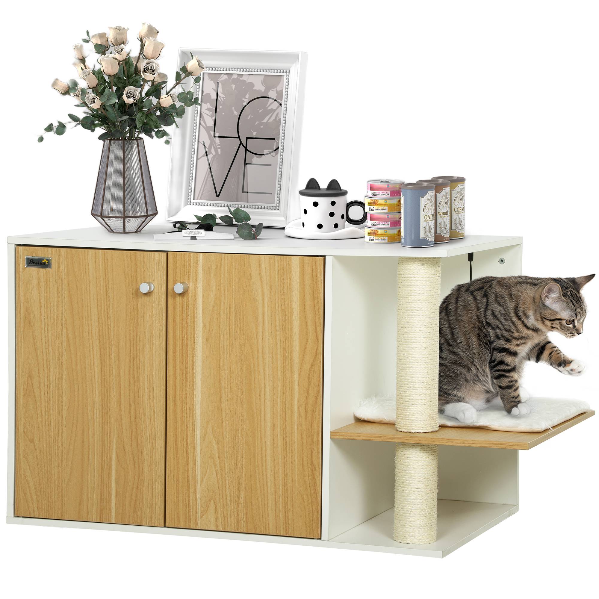 Meuble Cache-Litière pour Chat Chêne et Blanc avec Espace de Jeu Griffoir et Balle Suspendue 94x48cm - ComfortXL Outdoor Living