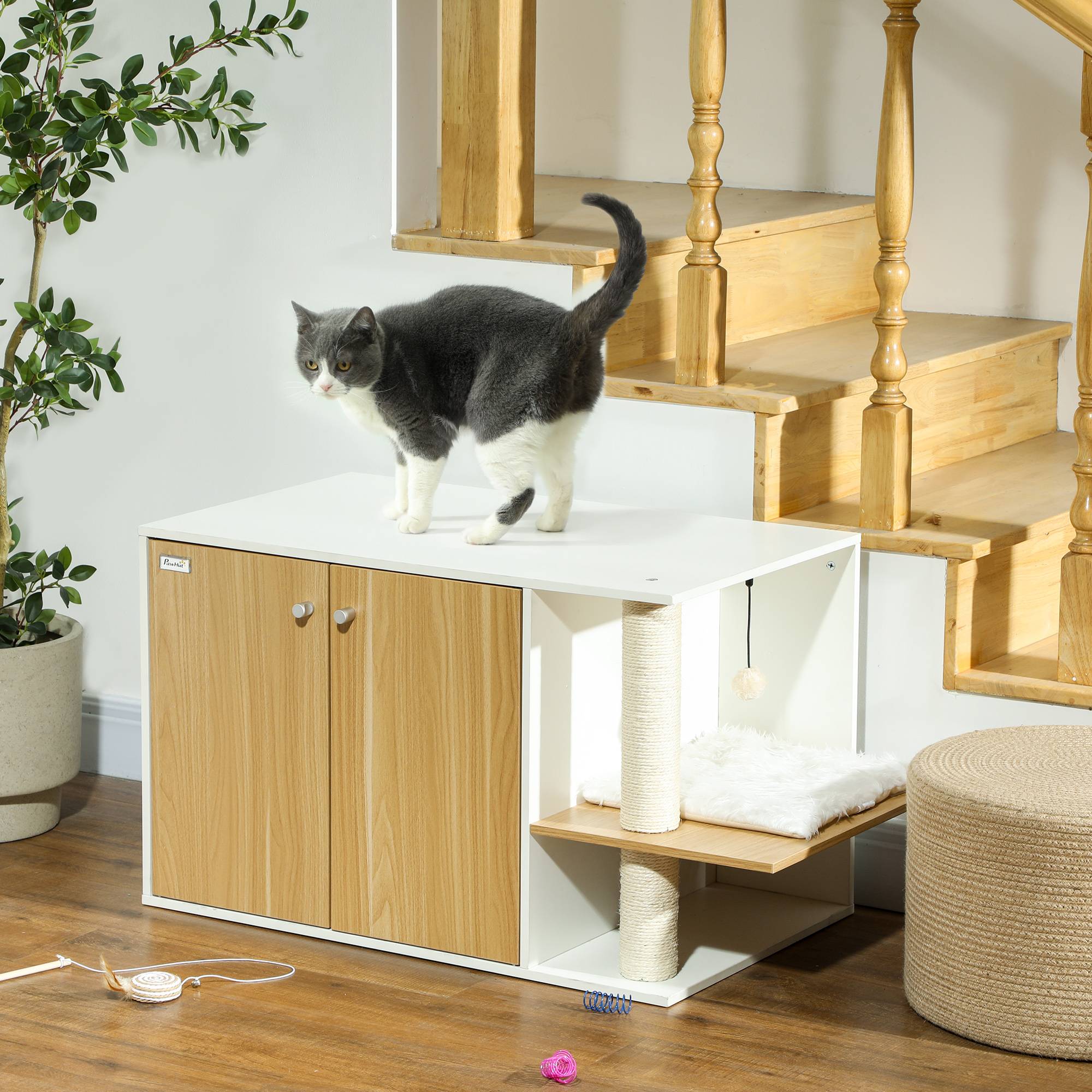 Meuble Cache-Litière pour Chat Chêne et Blanc avec Espace de Jeu Griffoir et Balle Suspendue 94x48cm - ComfortXL Outdoor Living - Image 4
