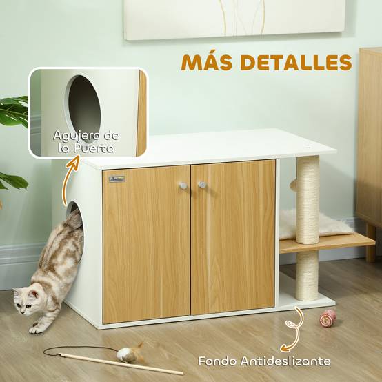 Meuble Cache-Litière pour Chat Chêne et Blanc avec Espace de Jeu Griffoir et Balle Suspendue 94x48cm - ComfortXL Outdoor Living - Image 9