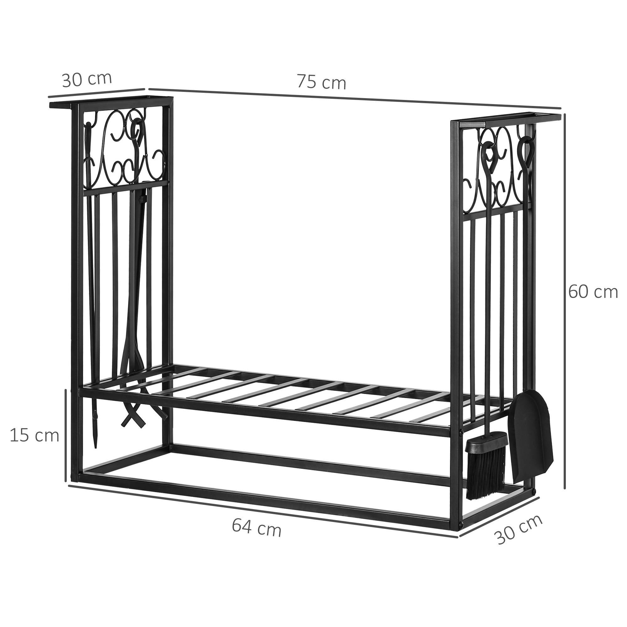 Porte‑bûches cheminée 75x30x60 cm, style vintage, 4 outils, base surélevée, charge 100 kg, acier, intérieur‑extérieur, noir - Image 4
