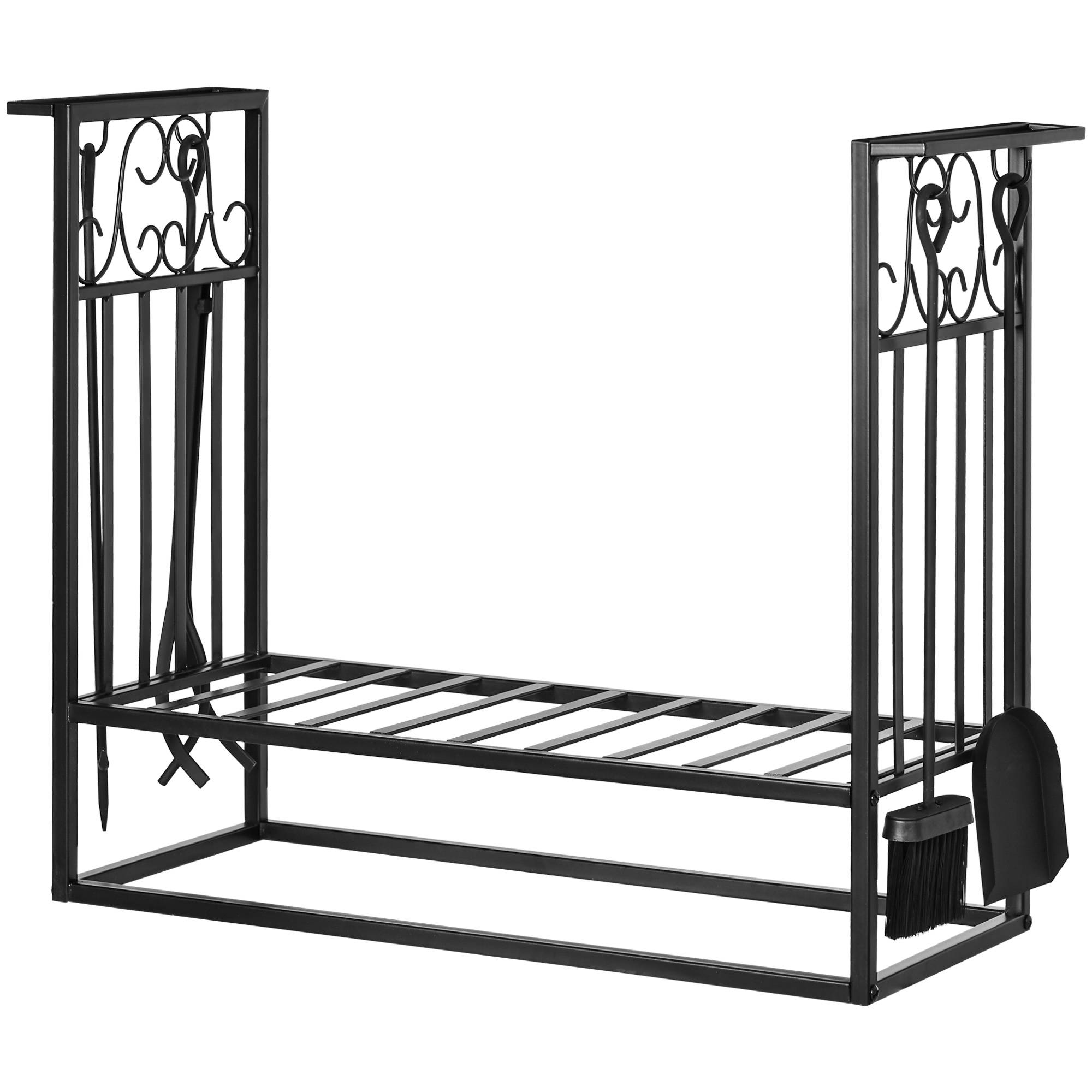Porte‑bûches cheminée 75x30x60 cm, style vintage, 4 outils, base surélevée, charge 100 kg, acier, intérieur‑extérieur, noir - Image 2